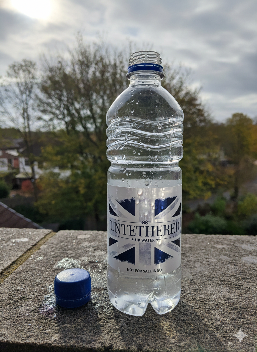 Untethered UK Water bottle with cap removed, showcasing the freedom from tethered caps